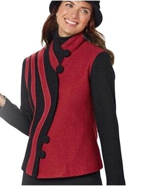 NorthStyle Flattering Lines Boiled Wool Jacket Red Black Swirl Coat Small